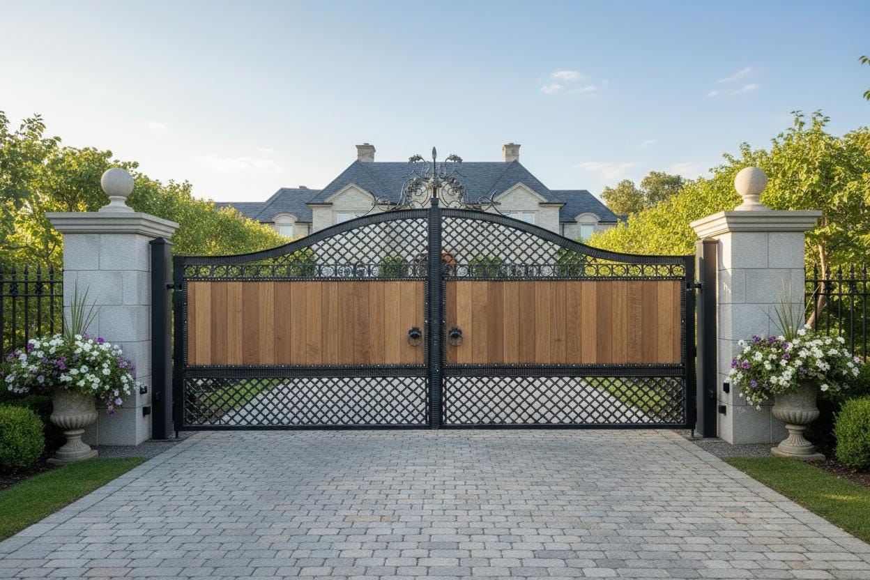 Timberlace Haven – Wrought Iron & Wood Gate With Floral Scroll