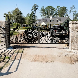 Unique Tractor and Deer Design Driveway Gate | Heavy Duty Metal Entry Gate – Made In Canada – Model # 052E