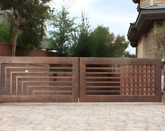 Rusty Modern Line Design Metal Entrance Gate | Classic Geometric Pattern Driveway Gate | Made in Canada – Model # 101E