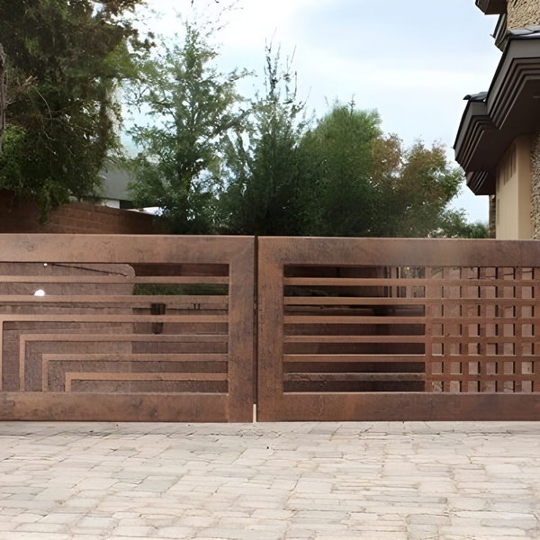 Rusty Modern Line Design Metal Entrance Gate | Classic Geometric Pattern Driveway Gate | Made in Canada – Model # 101E