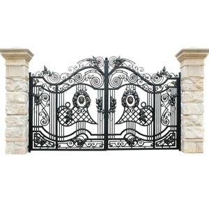 Lion crest Aria – Wrought Iron Gate with Scroll Panels  Model # 709E