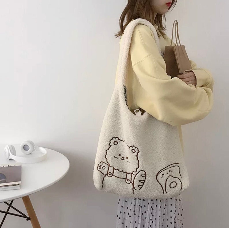 Women's Bear Tote Bag Canvas Cute Tote Bag Fluffy Bear Etsy UK