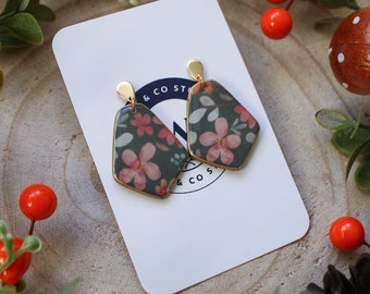 Green Floral Pattern Earrings | Dangle Jewellery | Handmade from Polymer Clay UV Resin | Gold Plated | Drop Studs | Minimalist | Statement