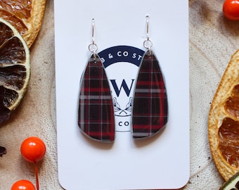 Grey Red White Black Dark Colours Handmade Geometric Triangle Polymer Clay UV Resin Gold Plated Metal Dangle Drop Earrings Medium Size Punk