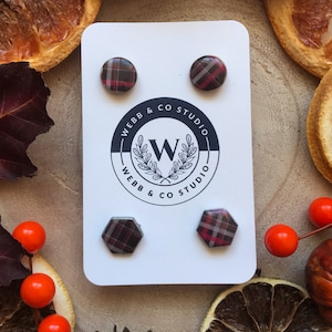 Black Red White Gold Silver Grey Patterned Tartan Plaid Ribbon Studs Handmade Earrings Jewellery Punk Gothic Hexagon Circle Polymer Clay