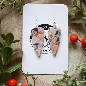 Floral Arrowhead Dangle Earrings | Gold Plated | Handmade from Polymer Clay | Summer Style | Modern and Elegant | Lightweight