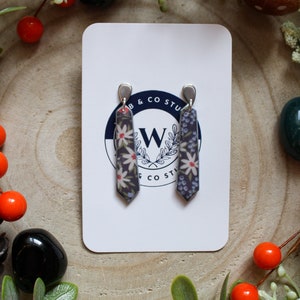 Navy Blue, Pink and White Daisy Floral Pattern Earrings | Dangle Drop Studs | Handmade in the UK | Free Shipping | Christmas Gift Ideas