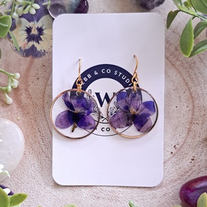 Violet Floral Resin Handmade Earrings Dangles Silver or Gold Purple Blue Ethical Earth Nature Natural Accessories Gift Ideas Seasonal