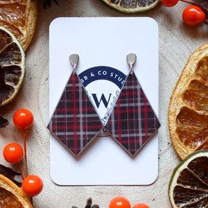 Diamond Tartan Plaid  Punk Handmade Polymer Clay Earrings Dangle Drop Stud Black Red and White Silver Plated Jewellery Accessories Large