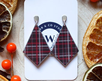 Diamond Tartan Plaid  Punk Handmade Polymer Clay Earrings Dangle Drop Stud Black Red and White Silver Plated Jewellery Accessories Large