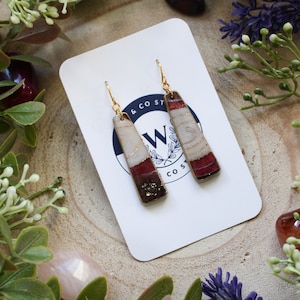 Long Rectangle Dangles Gold Plated Handmade Polymer Clay Stud Drop Earrings Geometric Lightweight Modern Gifts for Her Crystals Red Natural