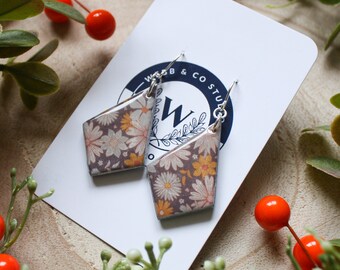 Vintage Floral Diamond Silver Handmade Polymer Clay Earrings UV Resin Small Dangles Flower Power 60s 70s Style Patterned Feature Statement