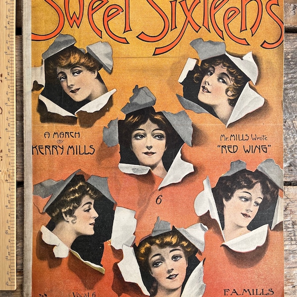 Great for wall art! Antique (1908) 10x13 "Sweet Sixteens" sheet music; gorgeous Gibson girls, teenagers; orange & gray; march by Kerry Mills