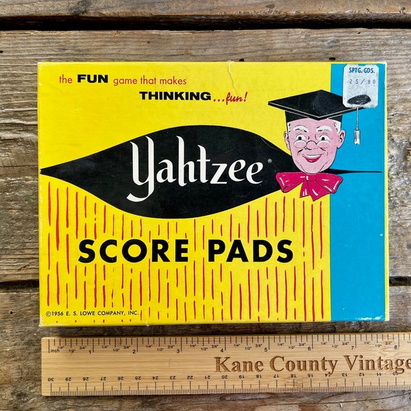 Vintage (1956) box of Yahtzee Score Pads - perfect for a fun 1950s game night! Affordable, colorful; yellow blue black red; weird professor