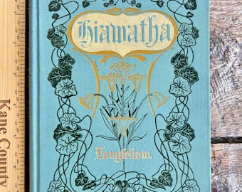 Stunning Art Nouveau cover antique 1898 "Hiawatha" Minnehaha Edition by Longfellow; mint green & gold; nicely illustrated excellent interior
