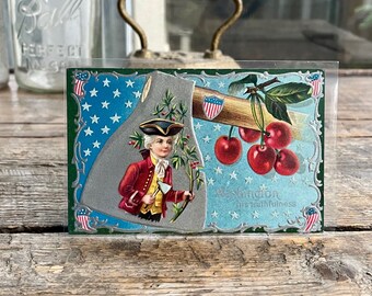 Amazing antique embossed postcard c. 1910 "[George] Washington his truthfulness" never mailed; Cherries, hatchet, patriotic symbols; display