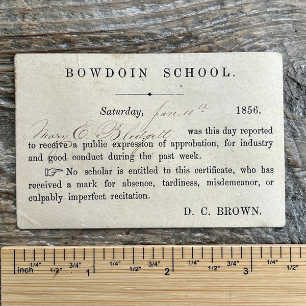 Rare pre-Civil War ephemera Certificate of Merit 1856 from Bowdoin School, Boston, MA; Mary E. Blodgett from Daniel C. Brown; good condition