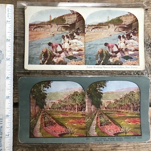 アンティーク（1900年頃）フランスとモナコの立体写真2枚セット。モンテカルロのサンクンガーデン、パヨン川、ニース、フランス。カラー写真、歴史的