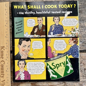 Unusual vintage c. 1938 cookbook with "comic" style covers; Spry Vegetable Shortening, 124 recipes! pies tarts cakes cookies breads desserts