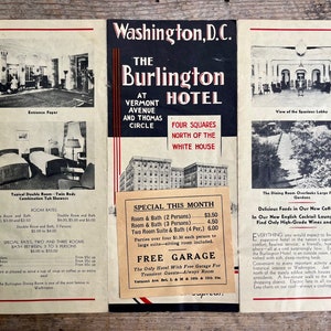 Schaarse vintage brochure uit de jaren 1930 tijdens de Grote Depressie voor "The Burlington Hotel" Vermont Avenue & Thomas Circle NW met geweldige kaart van Washington DC
