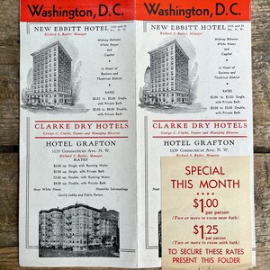 Vintage ca. Brochure uit het tijdperk van de Grote Depressie van 1935 voor 'Clarke Dry Hotels' na de drooglegging; New Ebbitt, Hotel Grafton, met kaart van Washington DC
