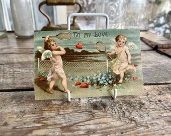 Amazing fantasy Valentine&#39;s Day postcard - original antique (1908) item; hearts, flowers, cherubs playing tennis! &quot;To My Love&quot; embossed card