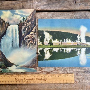 Two related vintage (1946) Giant linen postcards - Geyser Hill, Upper Geyser Basin, and Lower Falls, Yellowstone National Park, WY; 9&quot; wide!