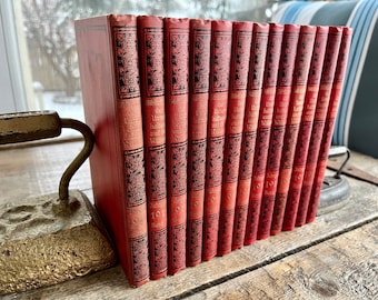 Set of 13 antique books in red, black & gold (1911) would look amazing on your shelf "Bibliothek der Unterhaltung und des Wissens" in German