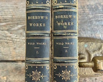 Två antika lädervolymer (1862) av "Wild Wales: Its People, Language, and Scenery" av George Borrow; fin bindning, ex-bibliotek; reseböcker