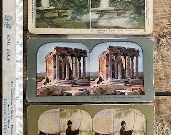 Set of 3 antique c. 1900 European stereoviews; Temple of Nike, Athens, Greece; Frankfurt Germany; Russian Cossack; colored photos, historic