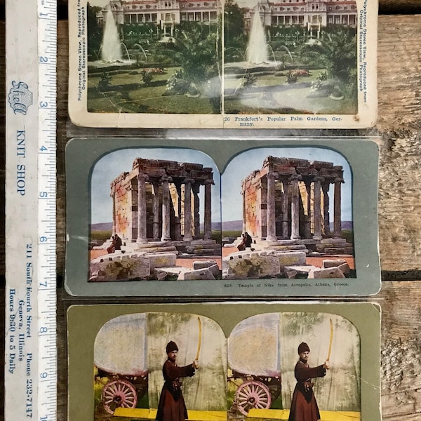 Set of 3 antique c. 1900 European stereoviews; Temple of Nike, Athens, Greece; Frankfurt Germany; Russian Cossack; colored photos, historic