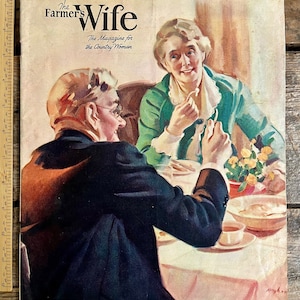 ¡Gran portada de Charles Kinghan! Revista vintage de noviembre de 1938 "The Farmer's Wife"; Peligros de la educación (!) Cartas de mujeres de anfitriona de pastel de frutas