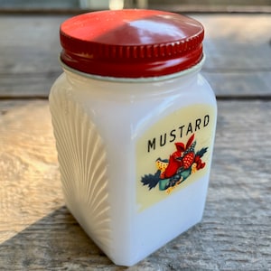 Excellent condition vintage 1950s McKee milk glass spice container &#39;Mustard&#39; great retro look, red top, fruit basket label, sunburst pattern