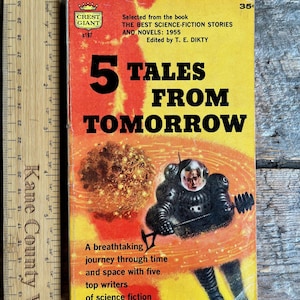 May include: Vintage paperback book titled "5 Tales From Tomorrow" with a retro sci-fi cover. The cover features an astronaut, a planet, and the text "A breathtaking journey through time and space with five top writers of science fiction."