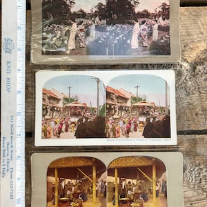 Set of 3 antique (1890s) Japan & Java stereoviews; beautiful Tokyo iris garden, Matsuri Festival in Yokohama, Indonesian Tiffin house; Asia