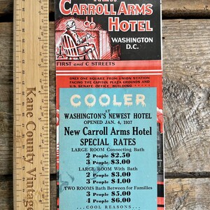 Knappe Vintage (1937) Große Depression Ära Broschüre für ""The New Carroll Arms Hotel" First & C Streets NW mit Karte von Washington DC;" Sonderanfertigung