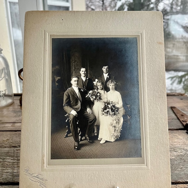 Antique (1914) wedding photograph from Little Village, Chicago; short-lived Novak Studio, pretty bride & flower girl; Czech/Bohemian family?