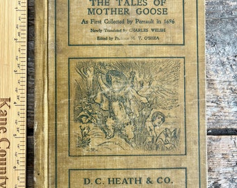 Entzückende antike Illustration aus dem Jahr 1901 „Geschichten von Mutter Gans“: Aschenputtel, Dornröschen, der gestiefelte Kater; mit Intro von M. V. O'Shea; D. J. Munro