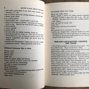 May include: A page from a vintage cookbook with a yellow background and black text. The page lists kitchen tools and gadgets, including a pressure cooker, electric mixer, chafing dish, waffle iron, molds for gelatin salads and desserts, a candle warmer, a large casserole, hot pads, a meat thermometer, a candy thermometer, an electric deep-fat fryer, a food mill, and an apple corer.