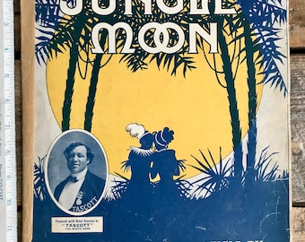 Original antique (1909) Ragtime sheet music "Jungle Moon" by Percy Wenrich, C. P. McDonald; sung by 'Tascott,' tropical blue/yellow cover
