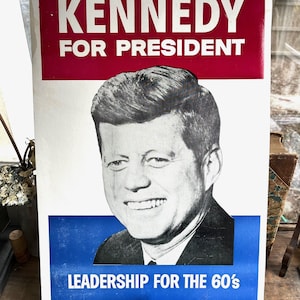 Vintage 1960 presidential campaign poster for John F. Kennedy w/Leadership for the 60s slogan; good color, on cardstock; red white blue; JFK