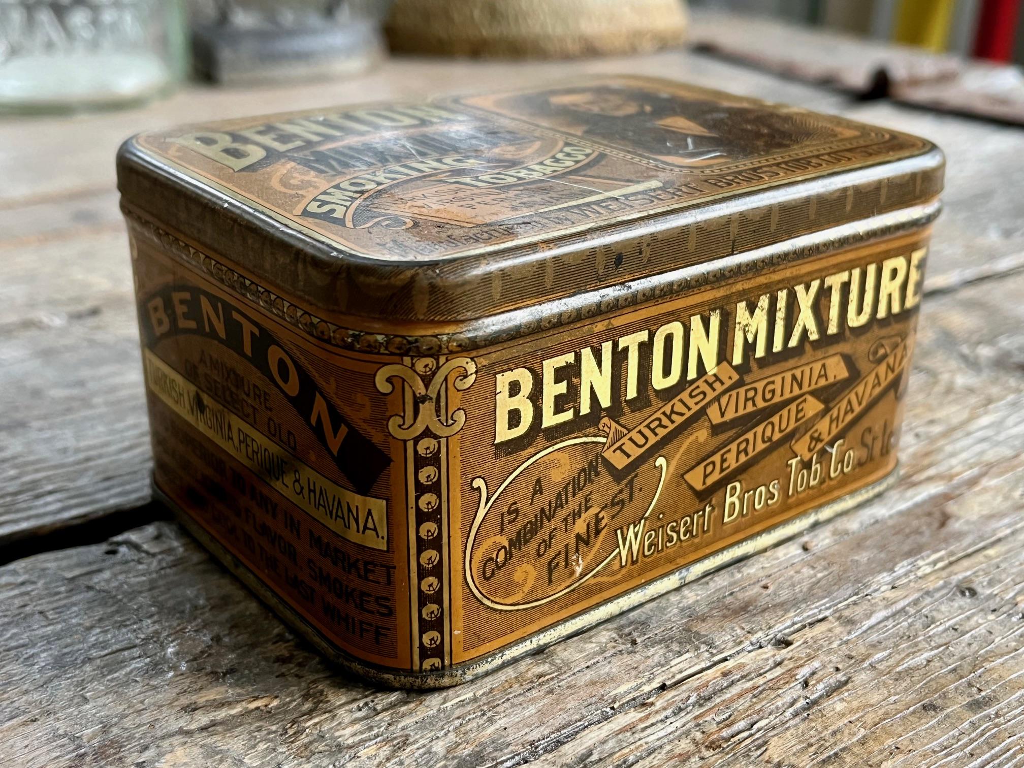 benton tobacco Great for kitchen display! Antique (c. 1910) Benton Mixture Smoking Tobacco  tin; yellow, gold, and black; Weisert Brothers Co., St. Louis MO