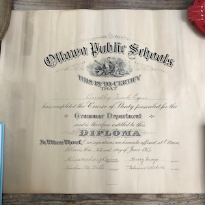 Diploma di scuola pubblica di Ottawa Illinois del 1917 - documento antico - Contea di LaSalle, IL; scuola elementare, effimera, pezzo di storia locale