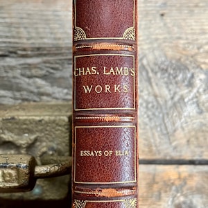 May include: A vintage, brown leather-bound book with gold accents and the title "CHAS. LAMB'S WORKS ESSAYS OF ELIA" on the spine.