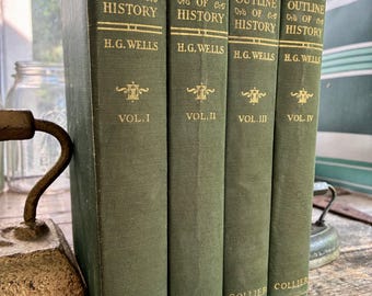 Juego completo de cuatro volúmenes antiguos (1925) de "Esquema de la historia" de H. G. Wells; 4.ª edición, ¡profusamente ilustrada! Dibujos de Horrabin.