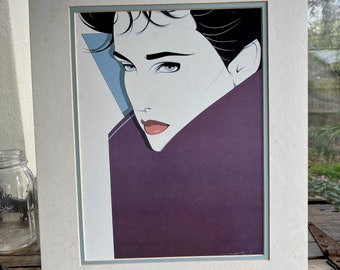 Very cool iconic vintage (1982) double-matted signed Patrick Nagel print "Untitled" woman in purple; ready to frame 14x18 NOT a new repro!