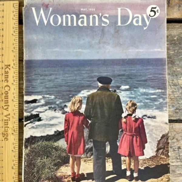 Good vintage (May 1950) issue of "Woman's Day" magazine; grandfather with granddaughters on cover; amazing ads, recipes, fiber arts, fashion