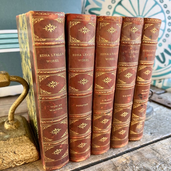 Very rare & beautiful five-volume leather-bound antique (1890s) set of "Edna Lyall's Works" by women's suffrage pioneer; w/marbled covers!