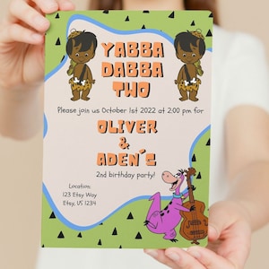 Bamm-Bamm x2 Yabba Dabba Two PART 2 , Birthday Invite, Printable, Flintstone themed 2nd birthday invite, Editable Template, INSTANT DOWNLOAD