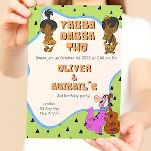 Pebbles and Bamm-Bamm Yabba Dabba Two PT 2, Birthday Invitation, Flintstone themed 2nd birthday invite, Editable Template, INSTANT DOWNLOAD
